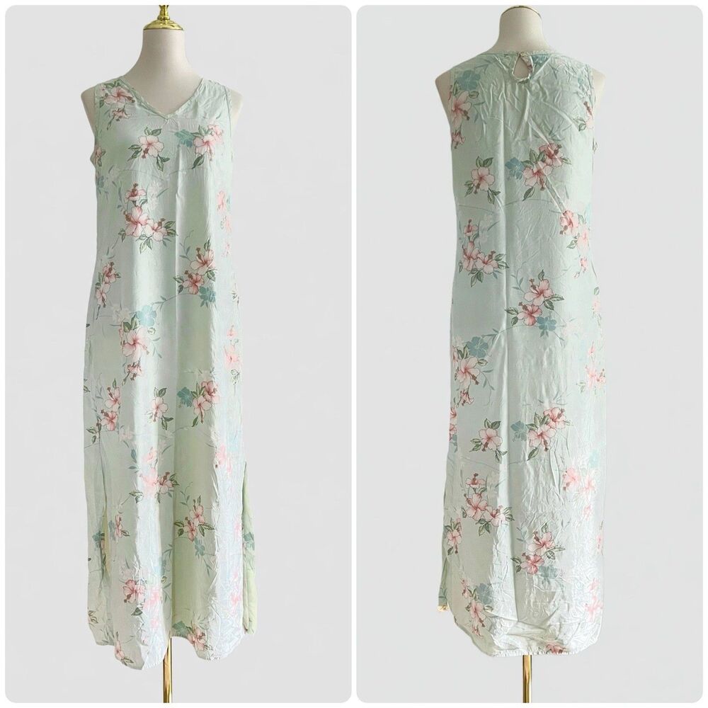 VTG Tommy Bahama 100% Silk Mint Green Hawaiian Floral Maxi Dress Womens sz S